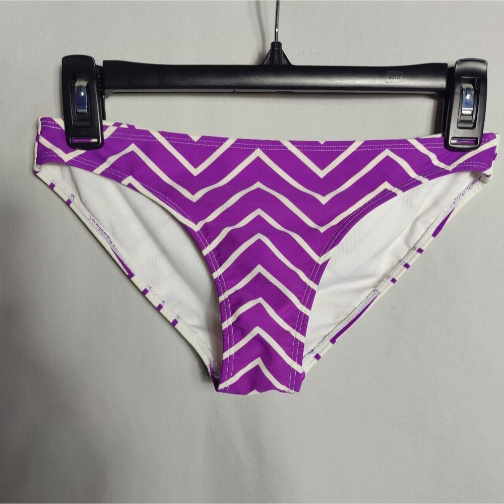 Y2K OP Swimwear Bikini Bottoms, Purple/White Zig Zag, Size S, Flaw/Stain